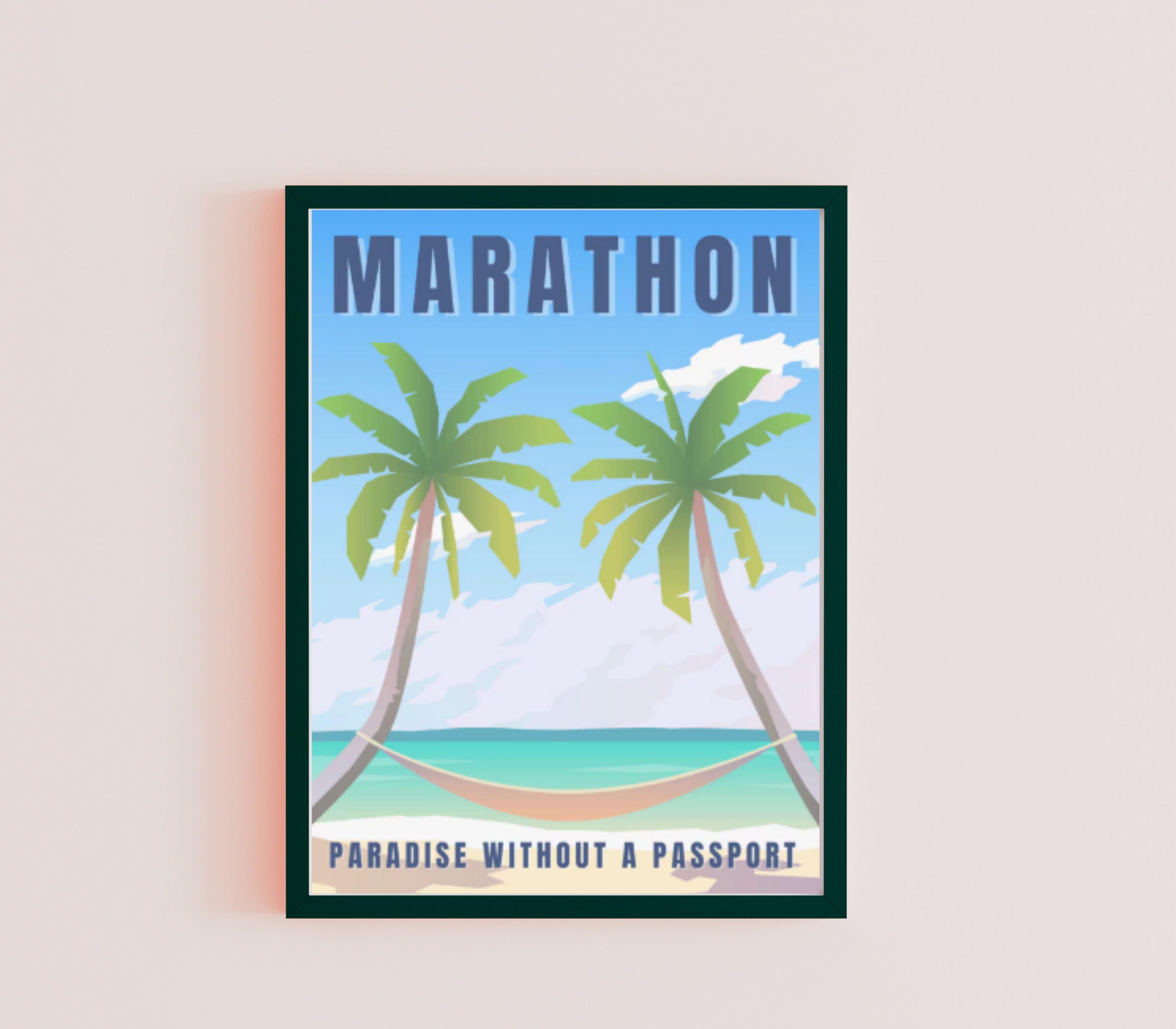Framed artwork of a tropical scene with palm trees and a hammock, featuring the text 'Marathon: Paradise Without a Passport'.